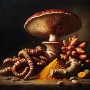 Medicinal mushroom with turmeric root and herbal ingredients