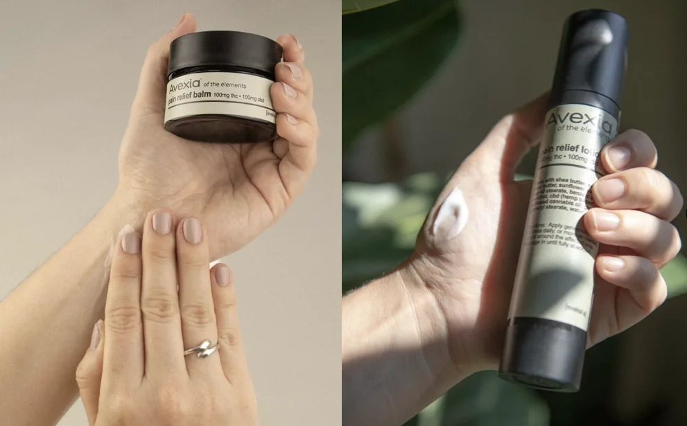 Hand holding Avexia cannabis pain relief balm and topical lotion