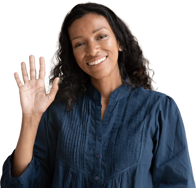 Smiling woman waving hand greeting gesture portrait