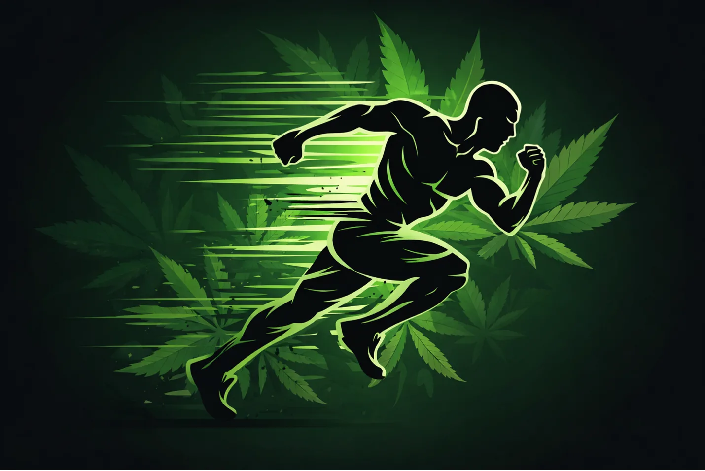 Running athlete silhouette with cannabis leaves background illustration
