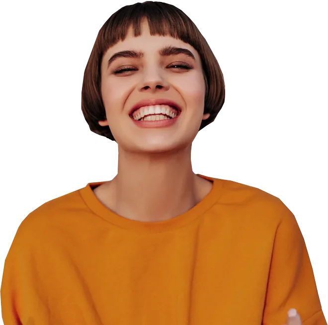 Smiling woman with short hair wearing orange shirt